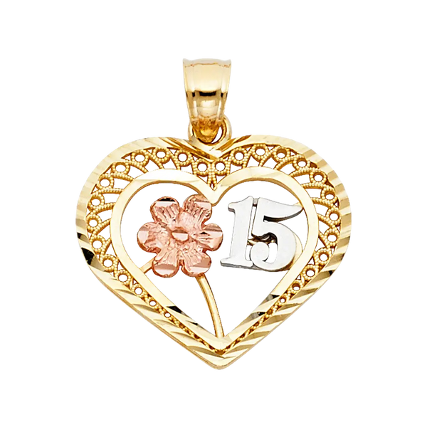 Quince Anos Heart Pendant - 14k Tri Color Gold