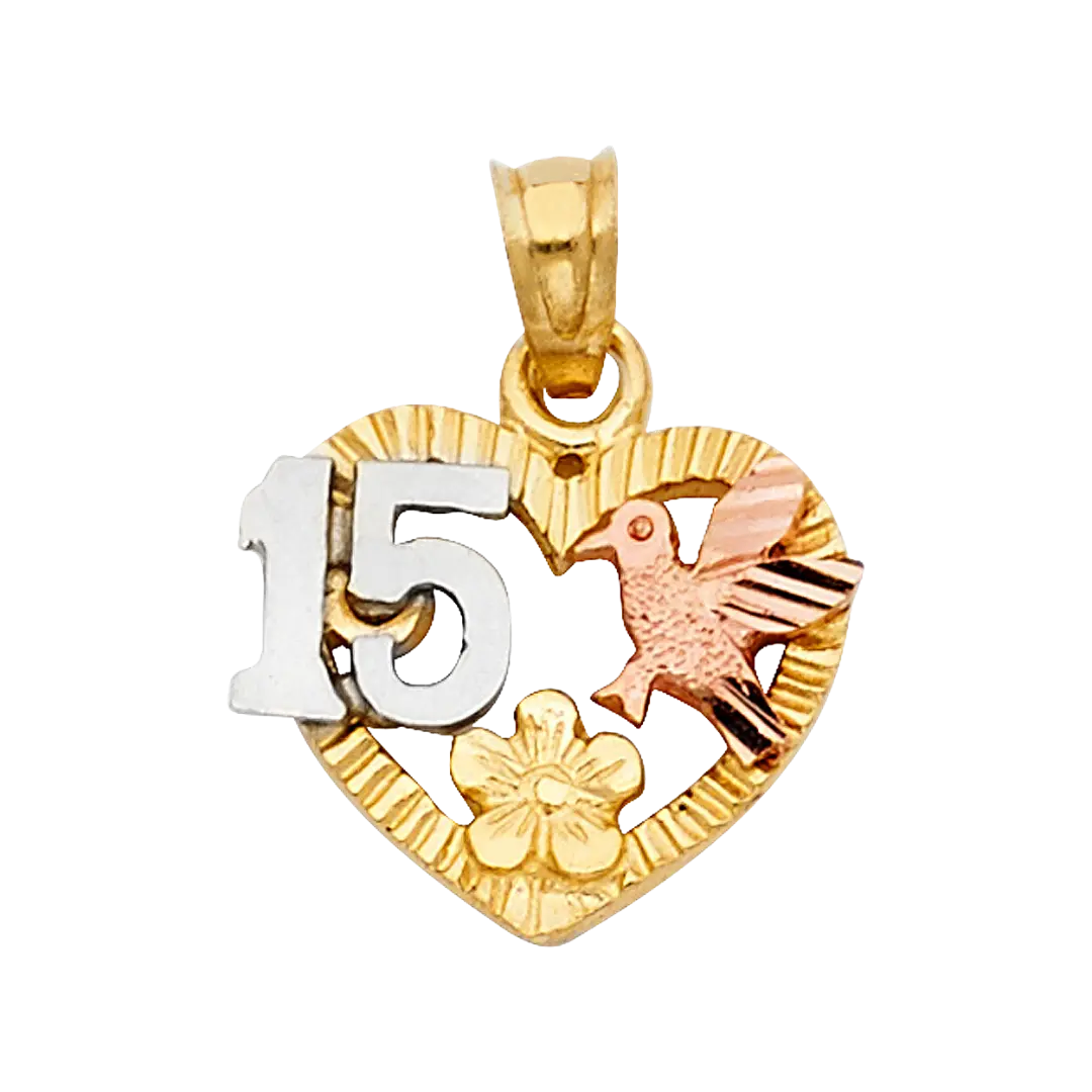 Quince Anos Heart Pendant - 14k Tri Color Gold