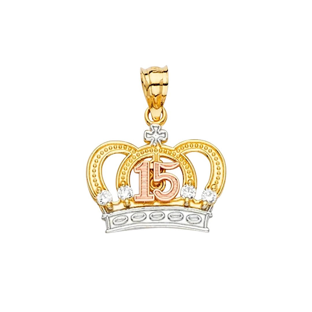 Quince Anos Crown with CZ Pendant - 14k Tri Color Gold