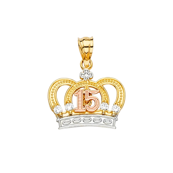 Quince Anos Crown with CZ Pendant - 14k Tri Color Gold