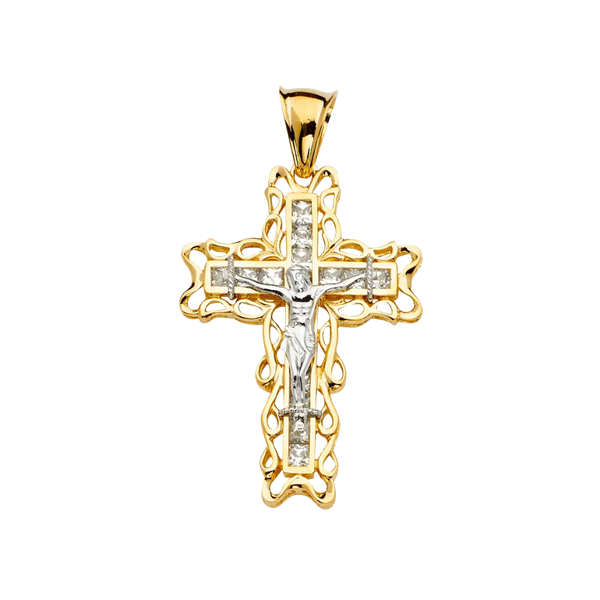 Crucufix Cross with CZ Pendant - 14k Two Tone Gold