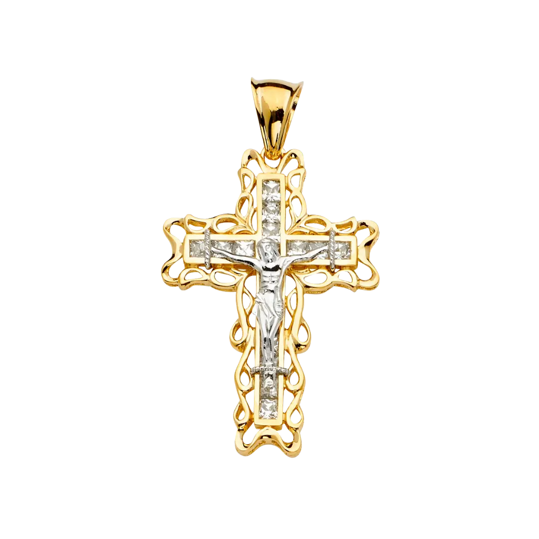 Crucufix Cross with CZ Pendant - 14k Two Tone Gold