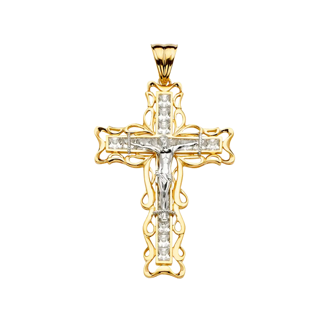 Crucufix Cross with CZ Pendant - 14k Two Tone Gold