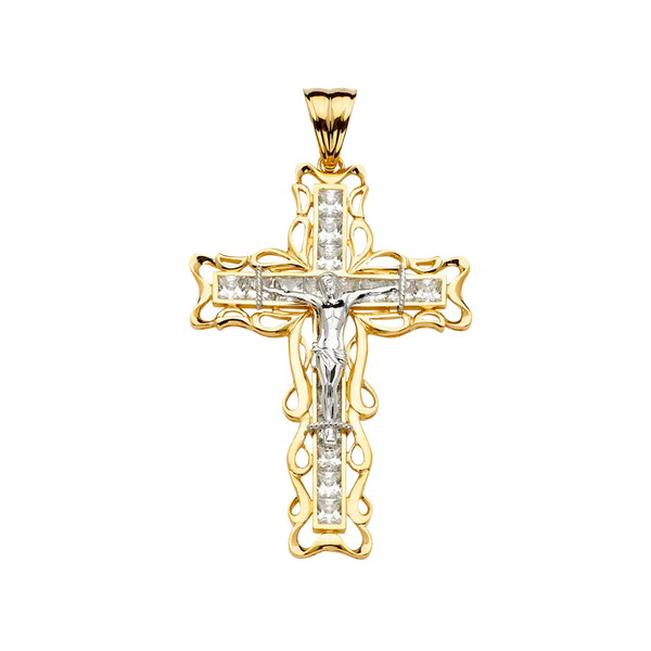 Crucufix Cross with CZ Pendant - 14k Two Tone Gold