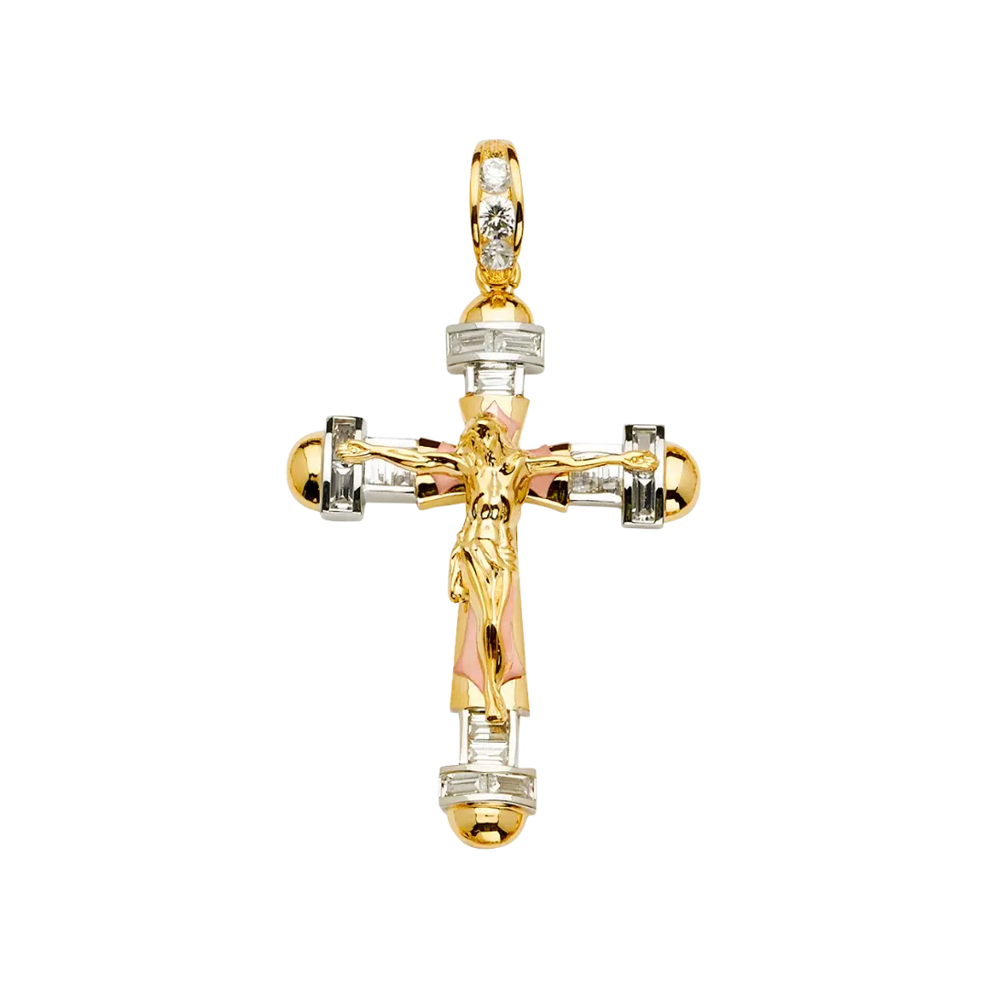 Fancy Crucufix with CZ Pendant - 14k Tri Color Gold