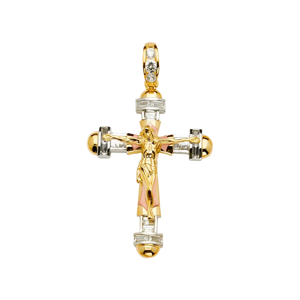 Fancy Crucufix with CZ Pendant - 14k Tri Color Gold