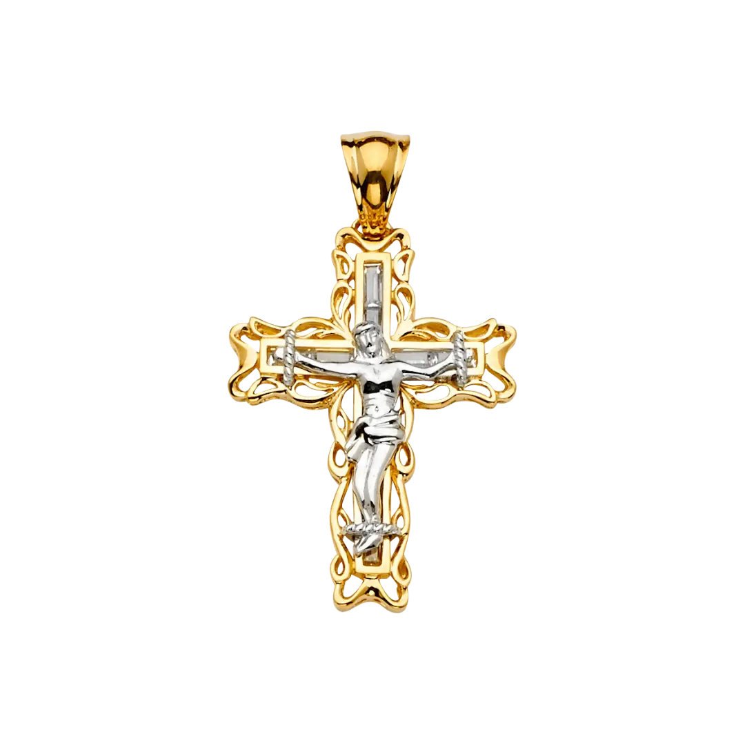 Crucufix Cross with CZ Pendant - 14k Two Tone Gold