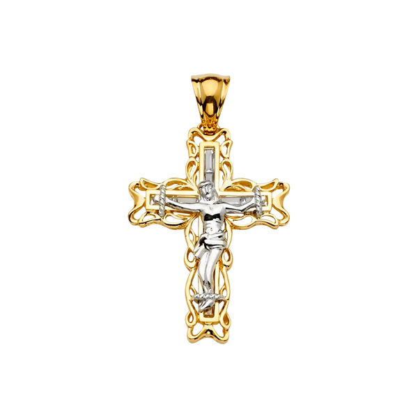 Crucufix Cross with CZ Pendant - 14k Two Tone Gold