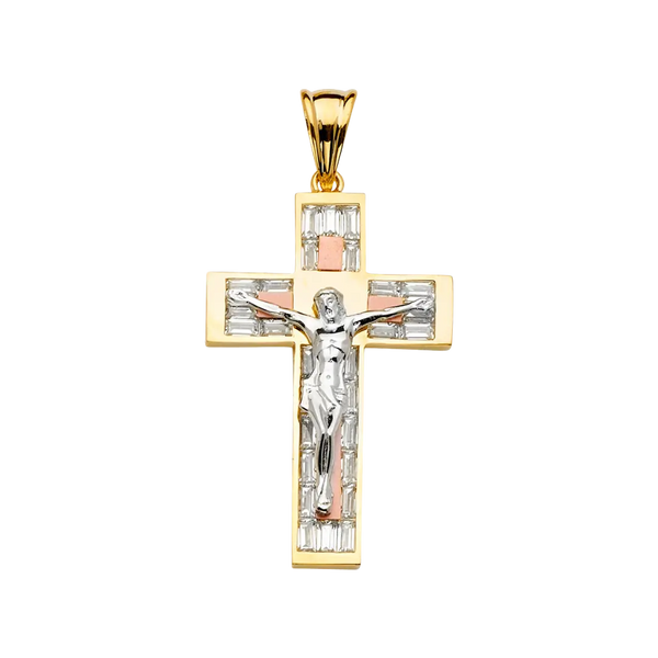 Fancy Crucufix with CZ Pendant - 14k Tri Color Gold