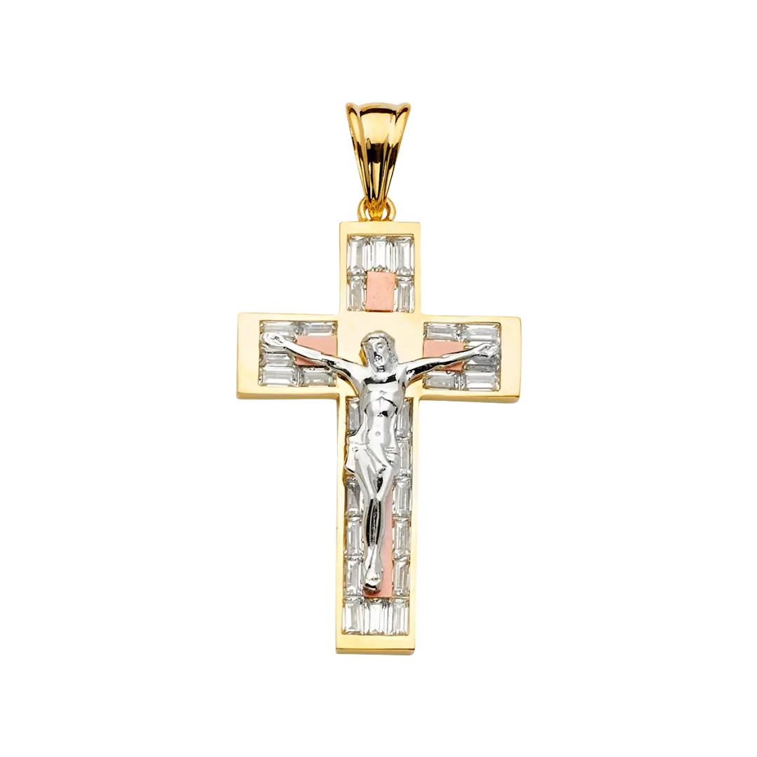 Fancy Crucufix with CZ Pendant - 14k Tri Color Gold