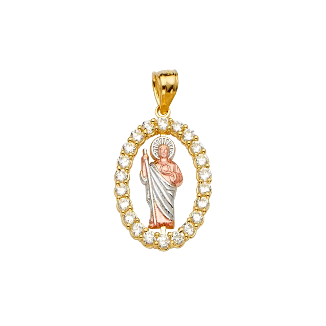 San Judas with CZ Pendant - 14k Tri Color Gold