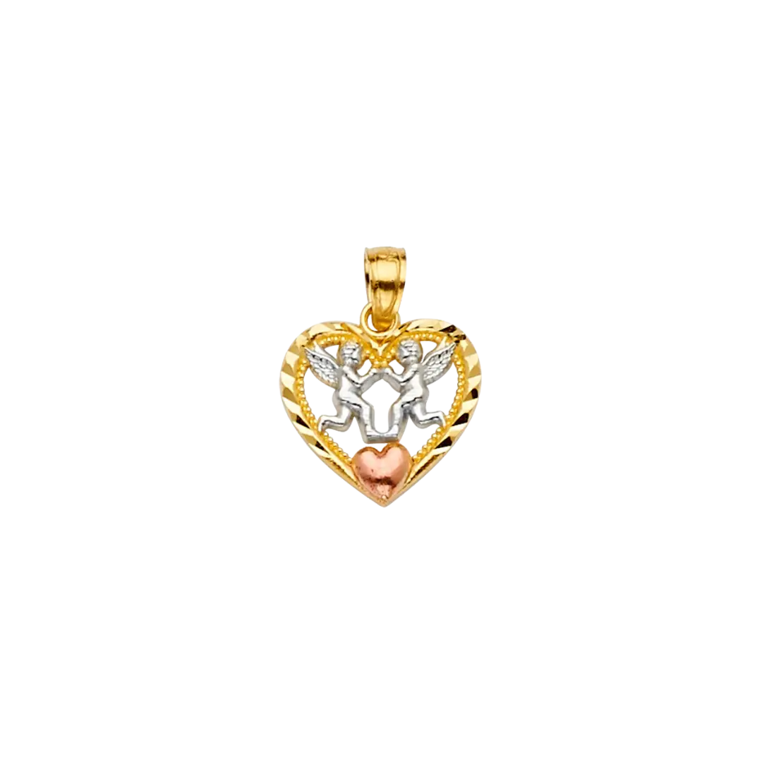 Heart with Angeles Pendant - 14k Tri Color Gold