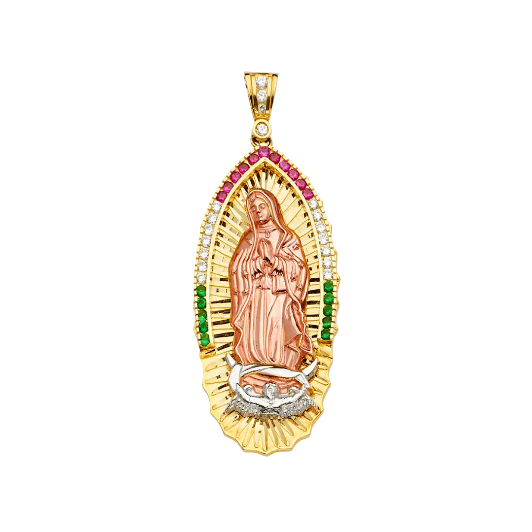 Guadalupe with Mexican Color CZ Pendant - 14k Tri Color Gold