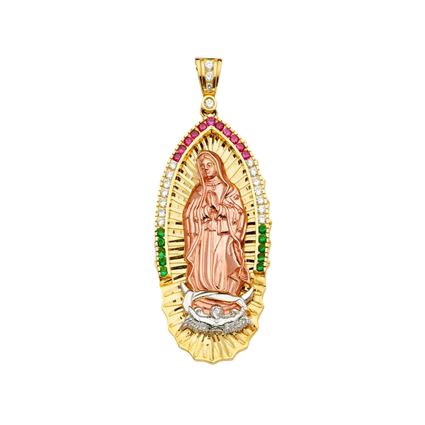 Guadalupe with Mexican Color CZ Pendant - 14k Tri Color Gold