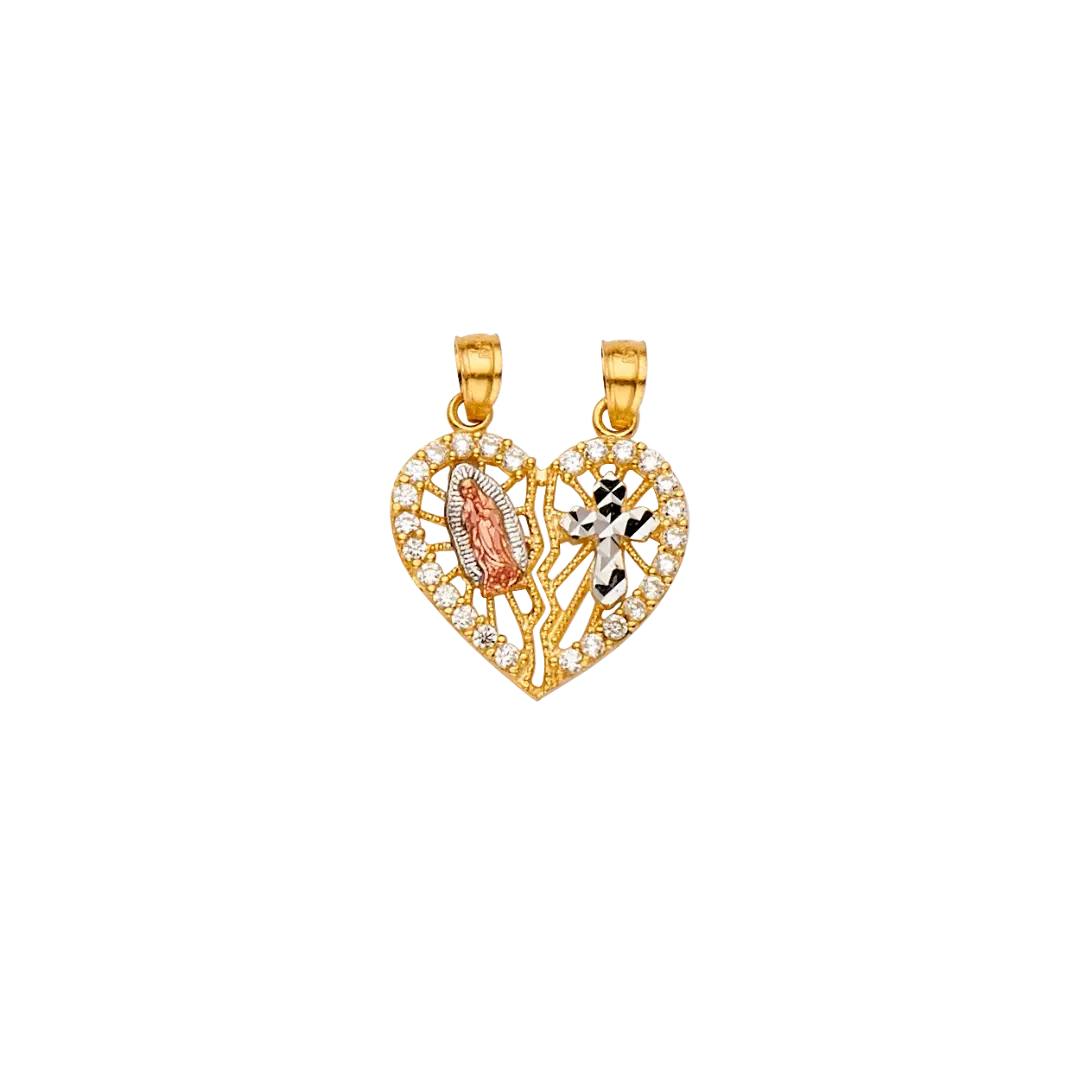 Guadalupe/Cross Heart 2 Piece with CZ Pendant - 14k Tri Color Gold