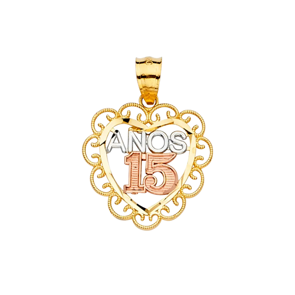 Quince Anos Heart Pendant - 14k Tri Color Gold