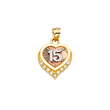 Quince Anos Heart with CZ Pendant - 14k Tri Color Gold