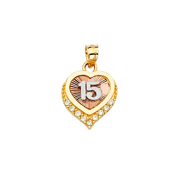 Quince Anos Heart with CZ Pendant - 14k Tri Color Gold