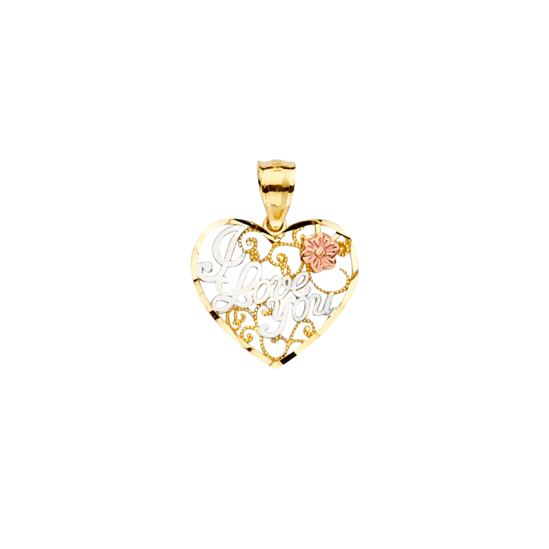 I Love You Heart Pendant - 14k Tri Color Gold