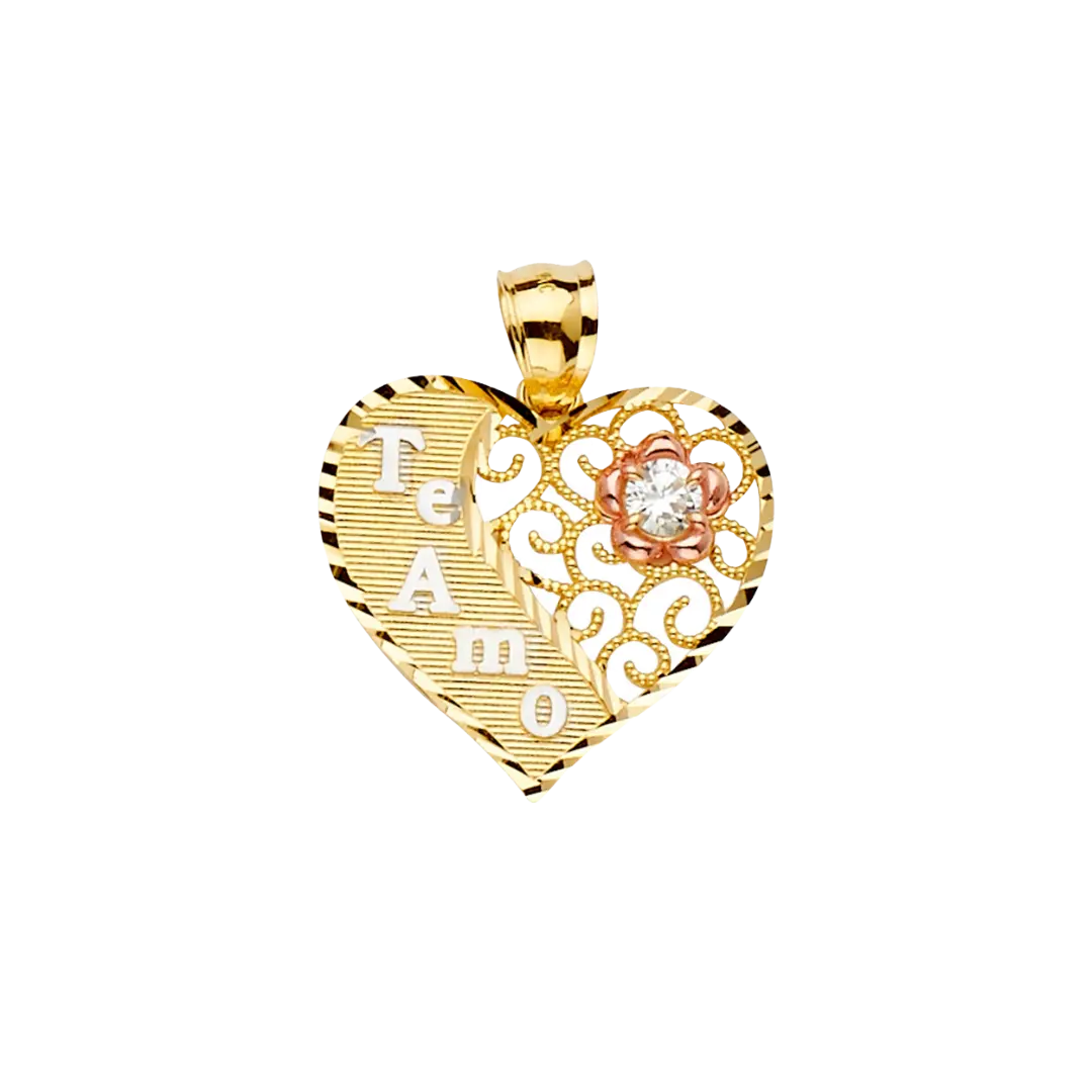 Oval Te Amo with CZ Pendant - 14k Tri Color Gold