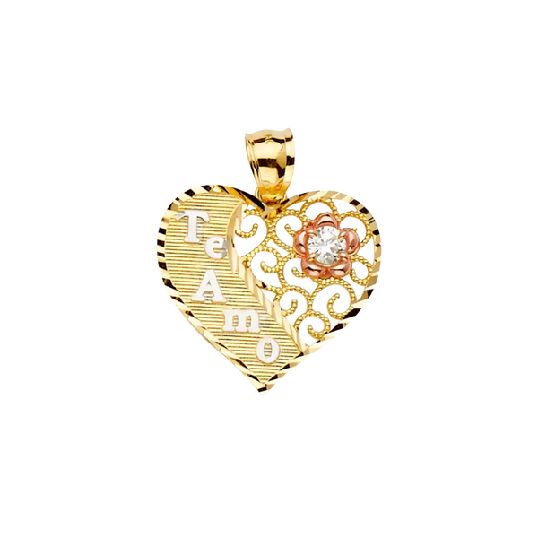 Oval Te Amo with CZ Pendant - 14k Tri Color Gold