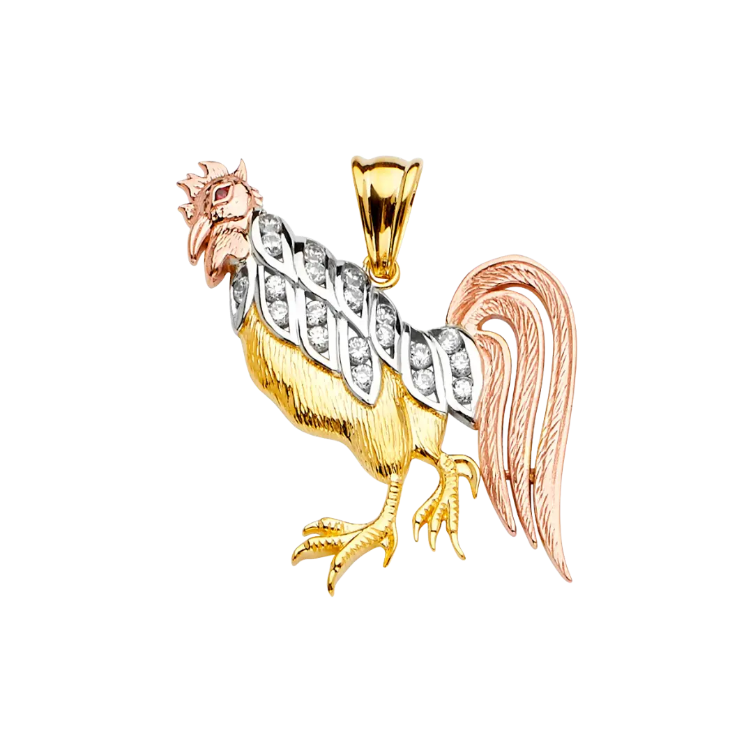 Rooster with CZ Pendant - 14k Tri Color Gold