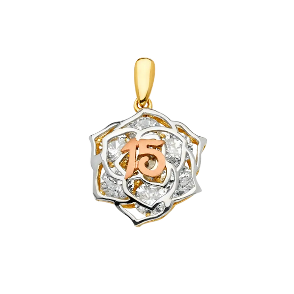 Flower Quince Anos Pendant - 14k Tri Color Gold