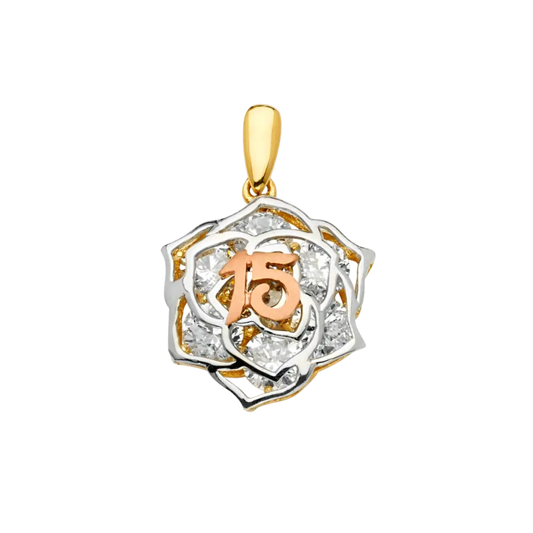 Flower Quince Anos Pendant - 14k Tri Color Gold