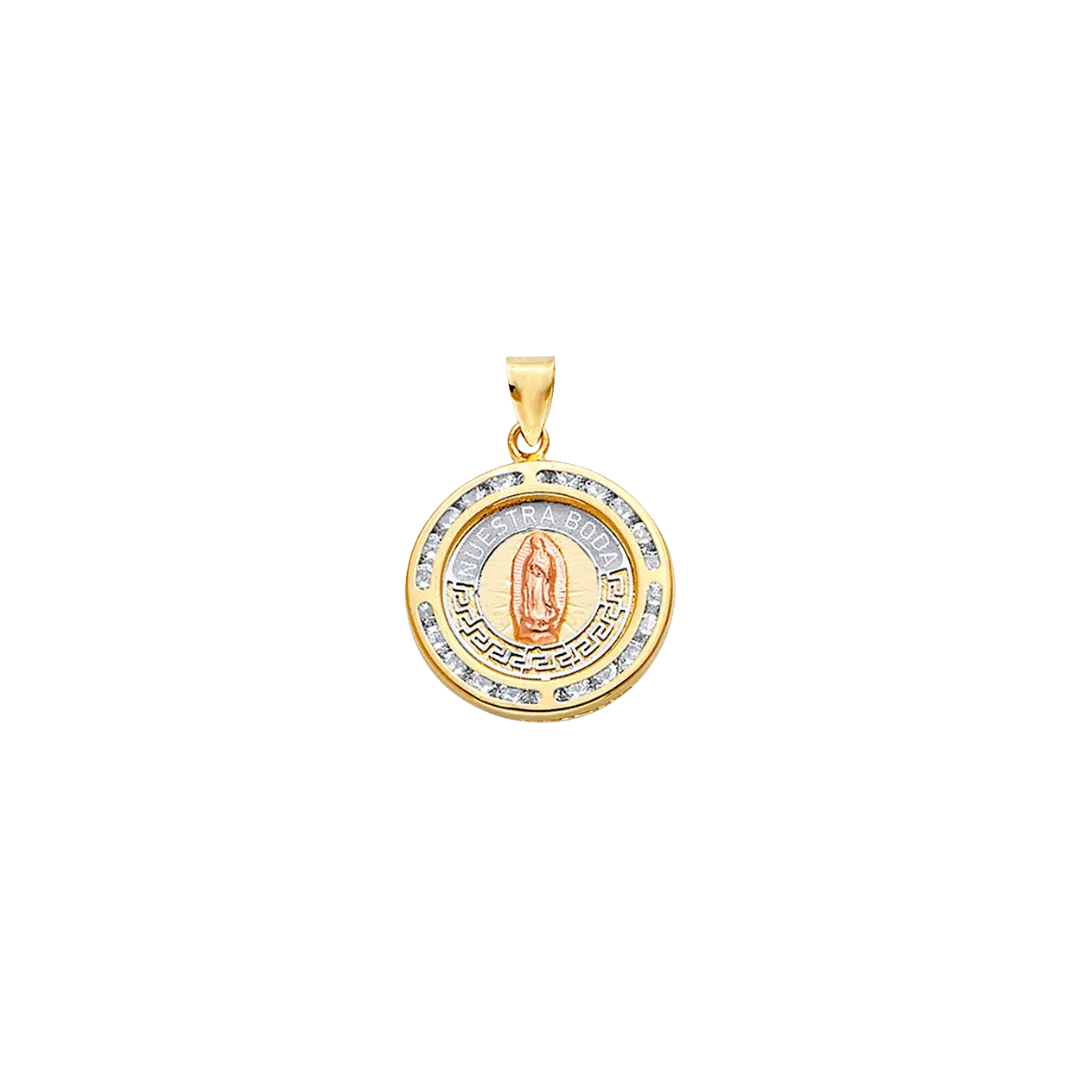 Oval Nuestra Boda with Guadalupe and CZ Pendant - 14k Tri Color Gold 