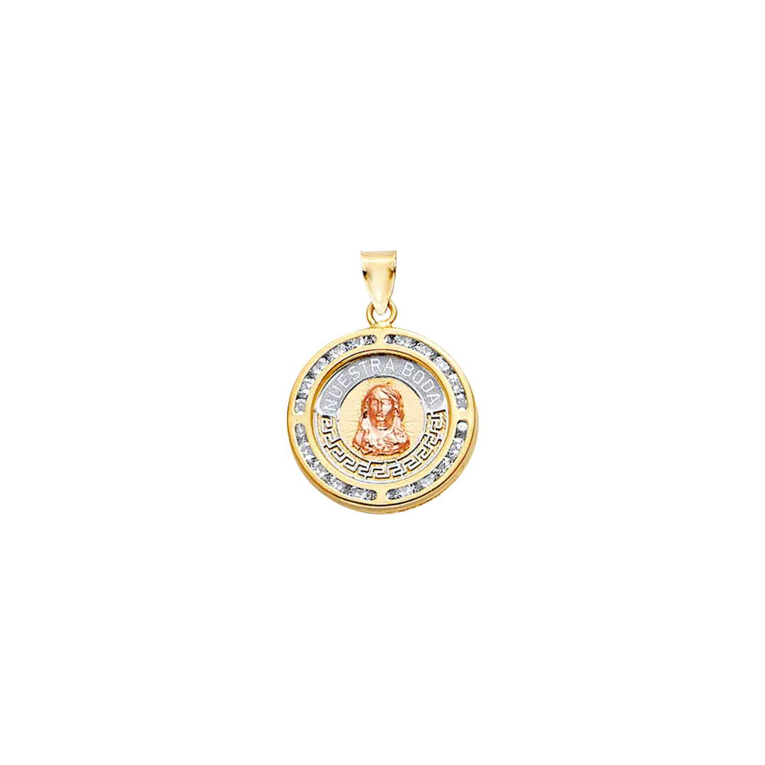 Oval Nuestra Boda with Jesus and CZ Pendant - 14k Tri Color Gold 