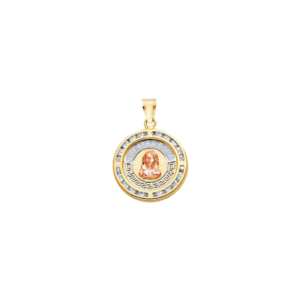 Oval Nuestra Boda with Jesus and CZ Pendant - 14k Tri Color Gold 