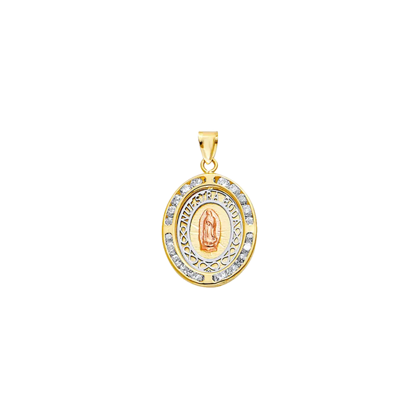 Oval Nuestra Boda with Guadalupe and CZ Pendant - 14k Tri Color Gold 