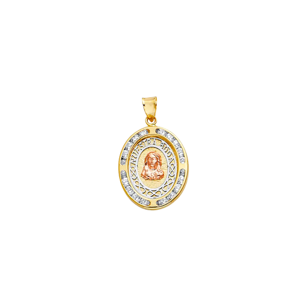 Oval Nuestra Boda with Jesus and CZ Pendant - 14k Tri Color Gold 