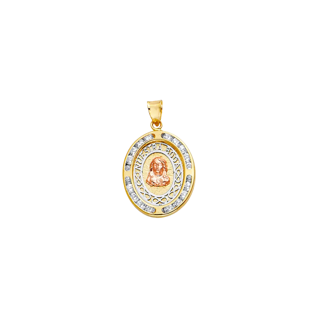 Oval Nuestra Boda with Jesus and CZ Pendant - 14k Tri Color Gold 