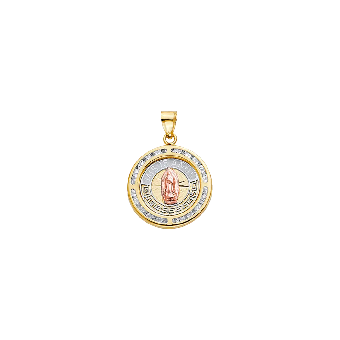 Round Quince Anos Pendant with CZ and Guadalupe - 14k Tri Color Gold