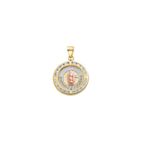 Round Quince Anos Pendant with CZ and Guadalupe - 14k Tri Color Gold