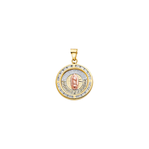 Round Quince Anos Pendant with CZ and Guadalupe - 14k Tri Color Gold