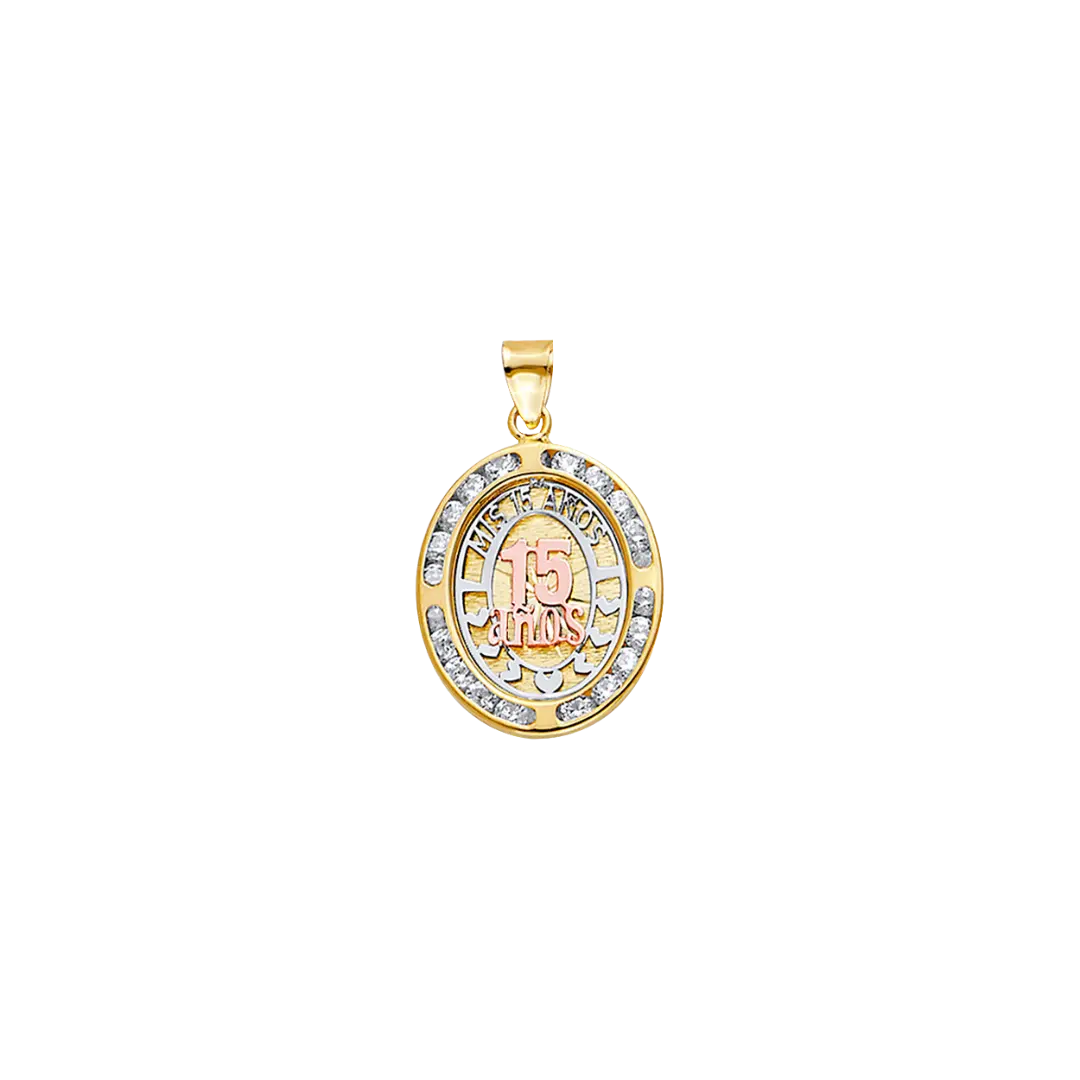 Oval Quince Anos with CZ Pendant - 14k Tri Color Gold