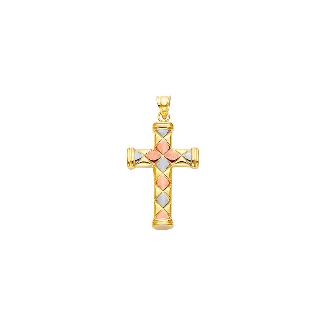 Hollow Fancy Cross Pendant - 14k Tri Color Gold