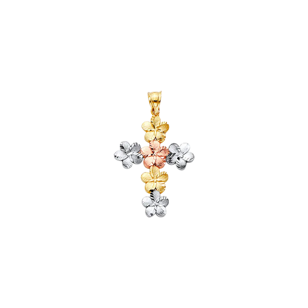 Hawaiian Flower Cross Pendant - 14k Tri Color Gold