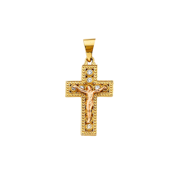 Fancy Crucufix Cross with CZ Pendant - 14k Two Tone Gold