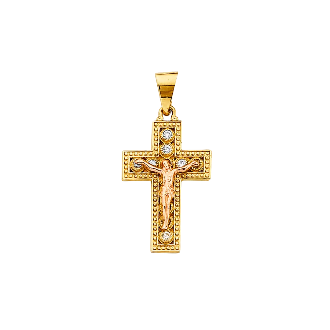 Fancy Crucufix Cross with CZ Pendant - 14k Two Tone Gold