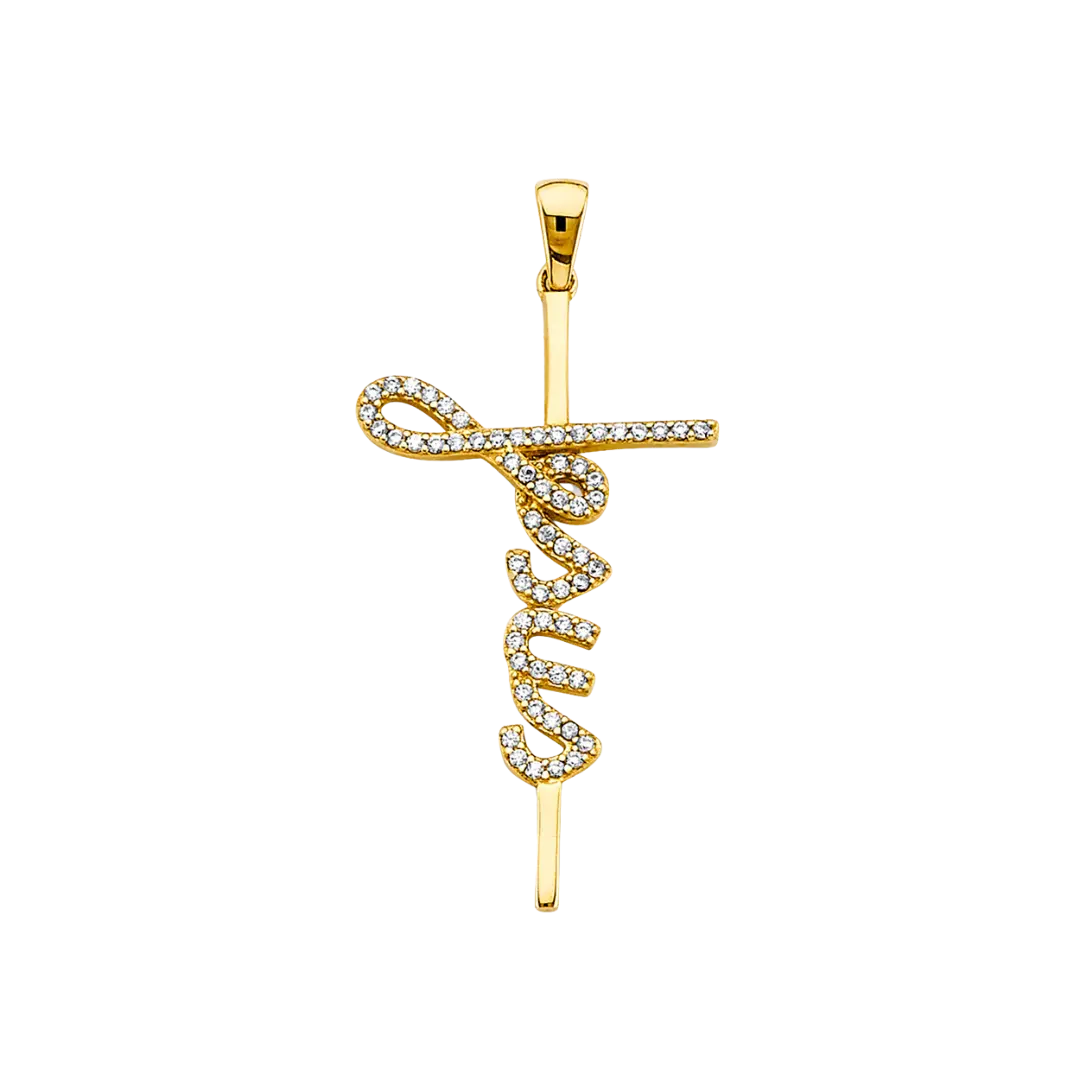 Jesus Cross with CZ Pendant - 14k Yellow Gold