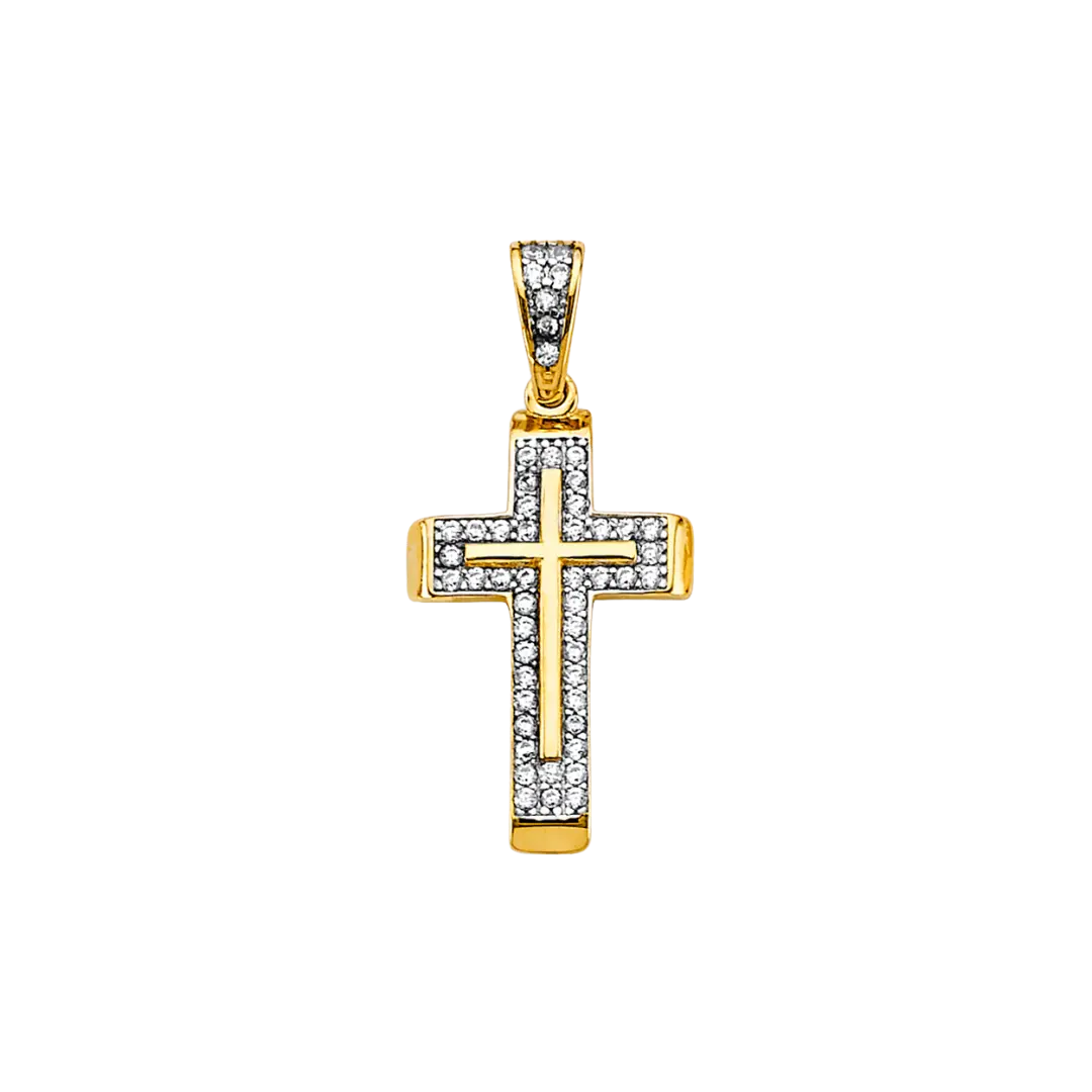 Cross with CZ Pendant - 14k Two Tone Gold