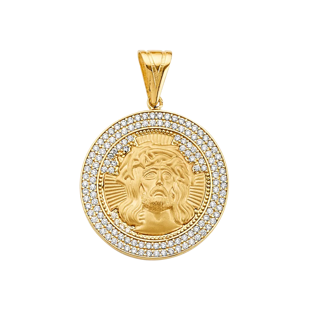 Round Jesus Face with CZ Pendant - 14k Yellow Gold