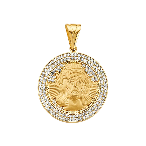 Round Jesus Face with CZ Pendant - 14k Yellow Gold