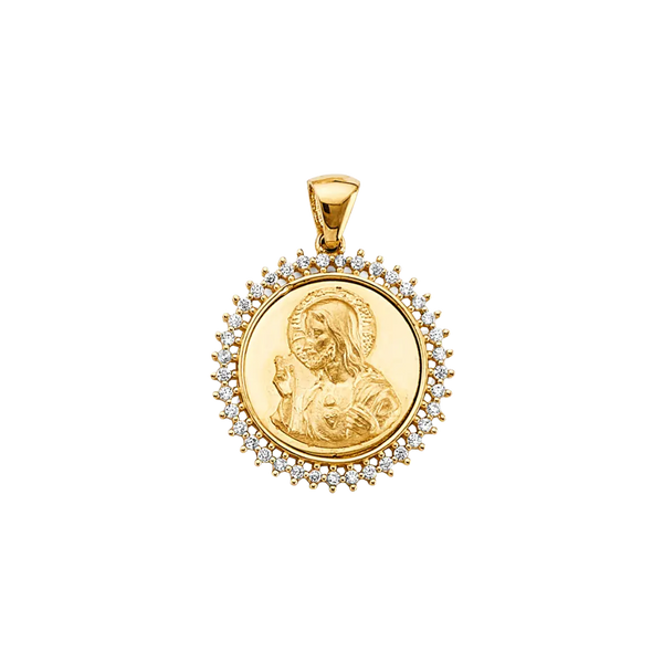 Round Jesus with CZ Pendant - 14k Yellow Gold