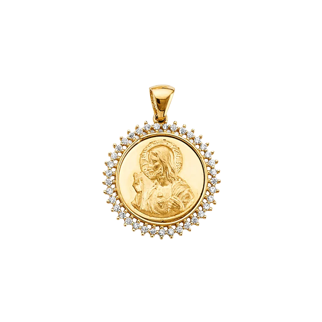 Round Jesus with CZ Pendant - 14k Yellow Gold