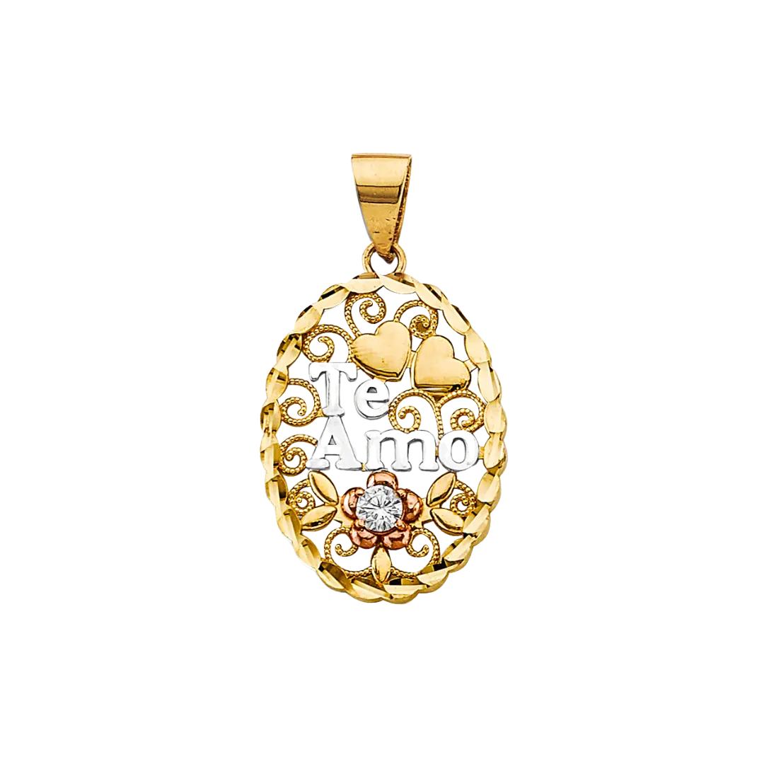 Oval Te Amo with CZ Pendant - 14k Tri Color Gold