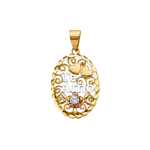 Oval Te Amo with CZ Pendant - 14k Tri Color Gold